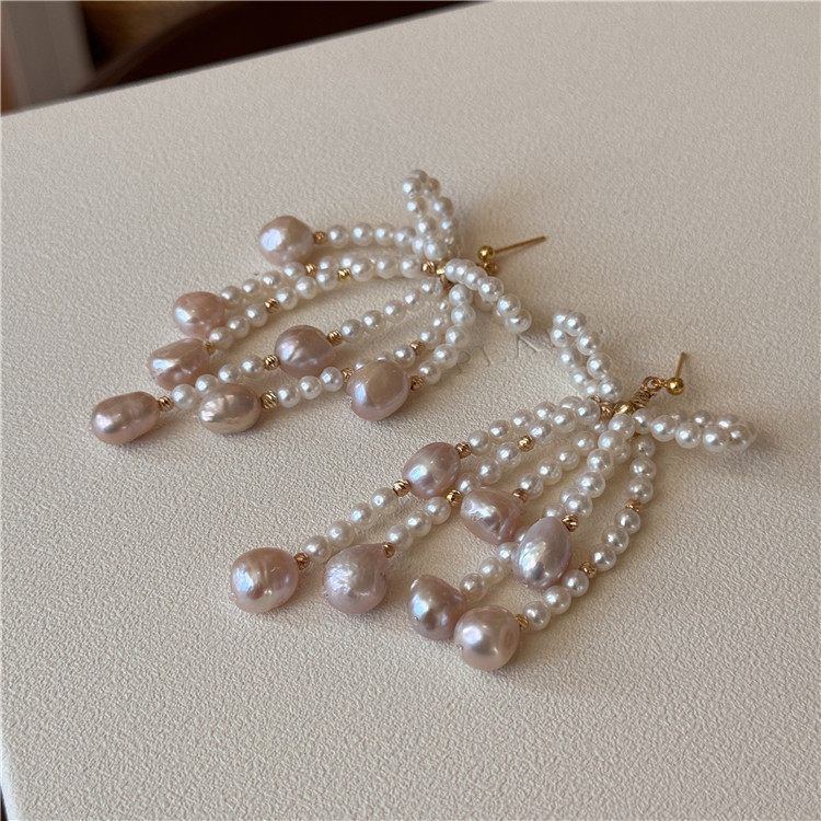 天然淡水珍珠蝴蝶结流苏耳环可爱