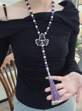 天然紫水晶搭配淡水珍珠毛衣链女