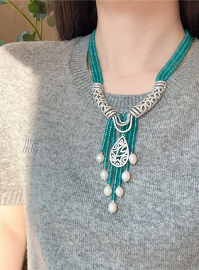 蓝色系高级感马来玉珍珠毛衣链女