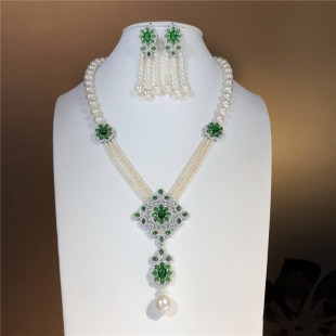 包邮 天然淡水珍珠项链耳环套装 绿色锆石配饰镶嵌高端大气优雅时尚