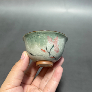 开片冰裂手绘荷花小茶杯釉下彩陶瓷家用主人杯中式单杯复古小茶盏
