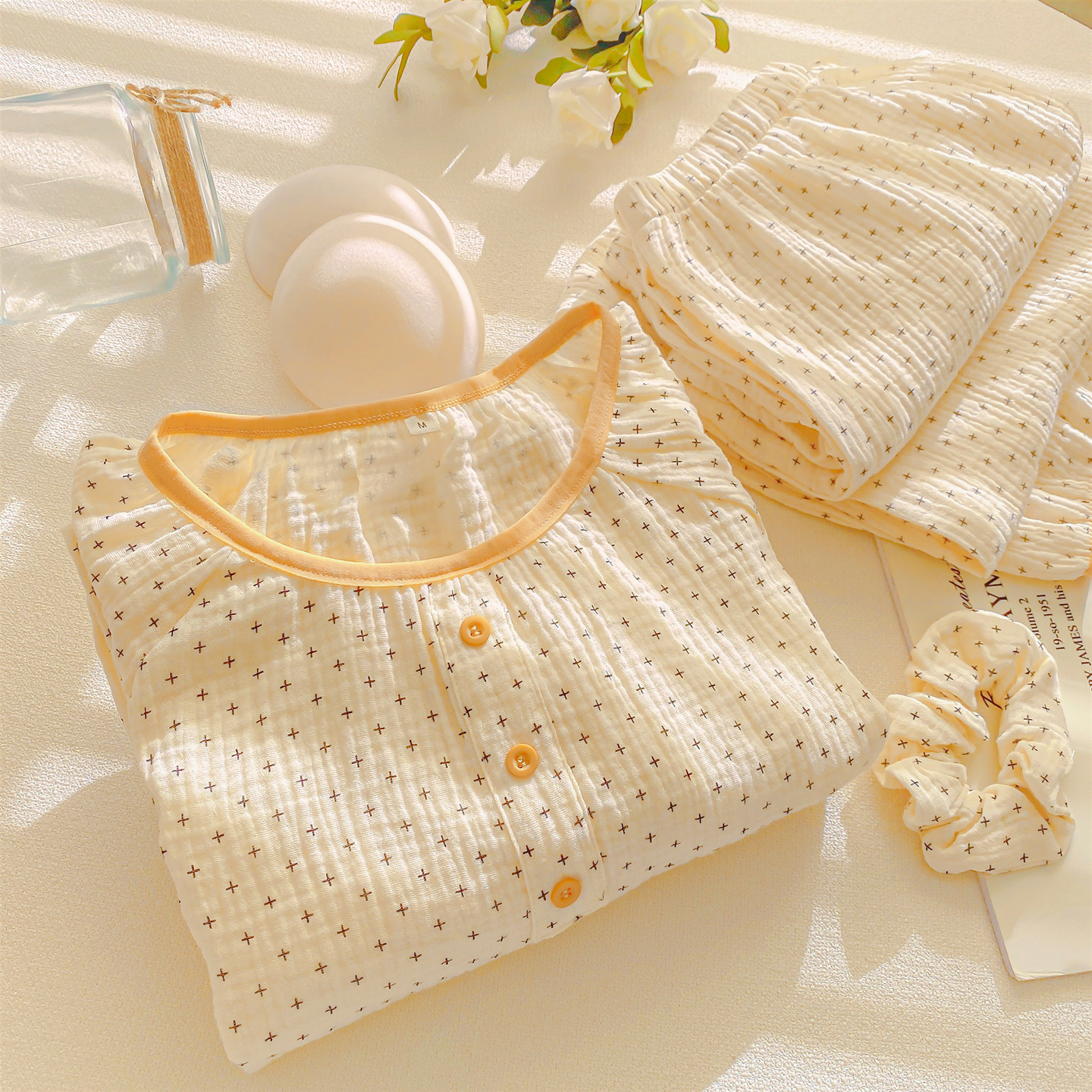 带胸垫A类棉纱睡衣松紧领口春秋