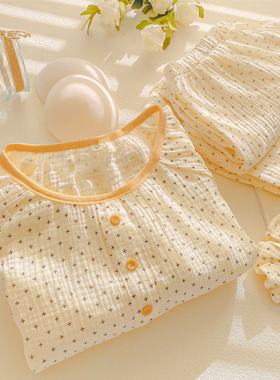 带胸垫睡衣女款纯棉纱布A类春秋家居服圆领长袖防凸点可外穿套装