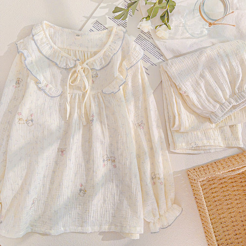 甜美纯棉睡衣女棉纱春秋长袖套装