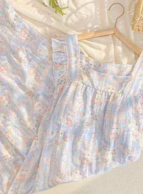 带胸垫吊带睡裙女夏公主风可爱睡衣可外穿家居服无袖凉感竹棉纱布