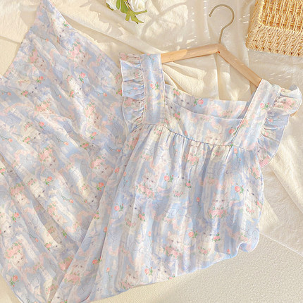 带胸垫吊带睡裙女夏公主风可爱睡衣可外穿家居服无袖凉感竹棉纱布