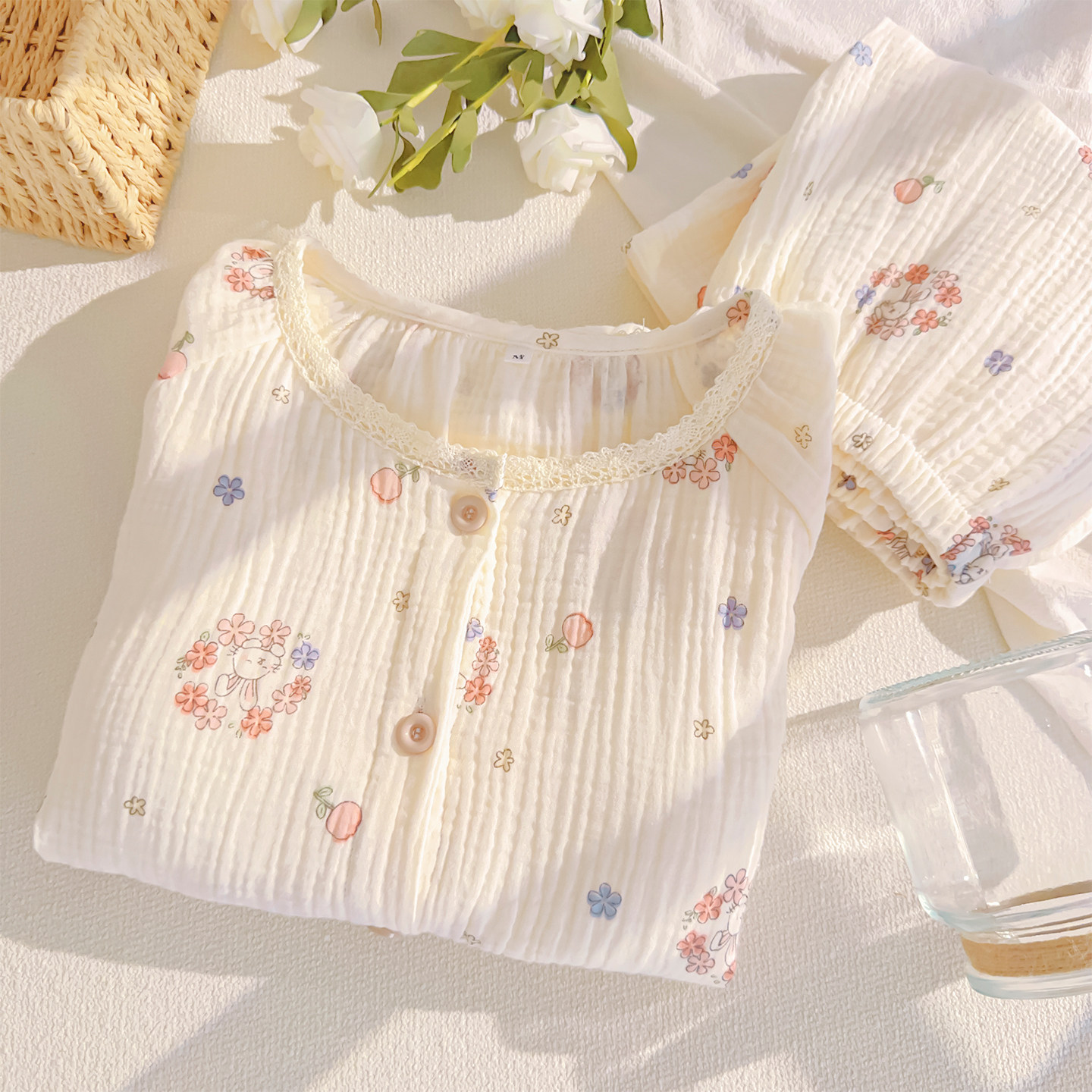 带胸垫短袖睡衣女夏季棉纱家居服图片