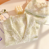 浪漫花边睡衣女生纯棉纱布清新绿色长袖 春秋家居家居服薄款 可外穿