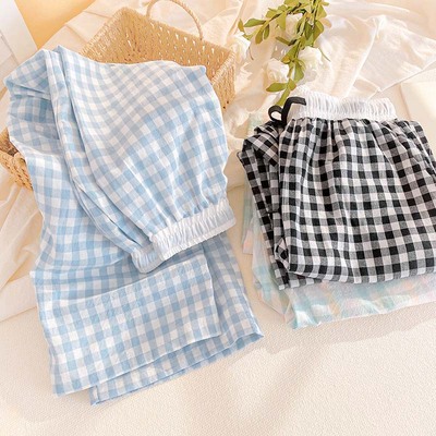 新款纯棉纱布格子睡裤女款可外穿