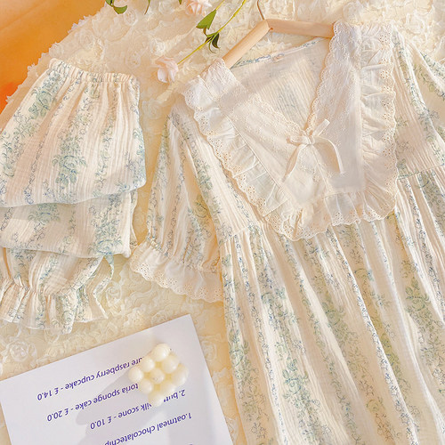 森系碎花双层纱布睡衣女夏娃娃领