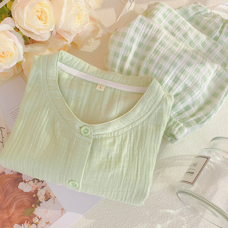 格子双层棉纱睡衣女款春秋家居服