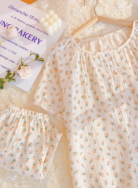 小碎花夏季睡衣女款纯棉短袖短裤双层棉纱布家居服圆领薄款可外穿