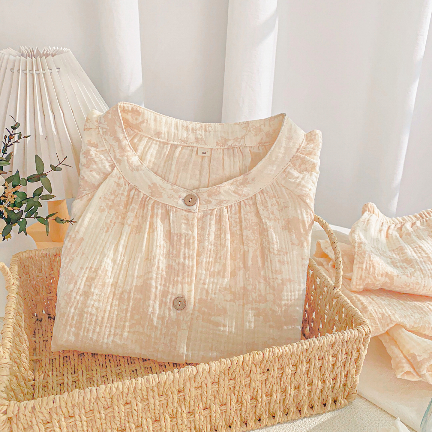 泡泡棉纱睡衣女宽松纱布长袖套装