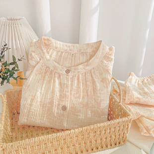 春秋长袖 睡衣女纯棉泡泡棉纱宽松可外穿双层纱布家居服全棉麻套装