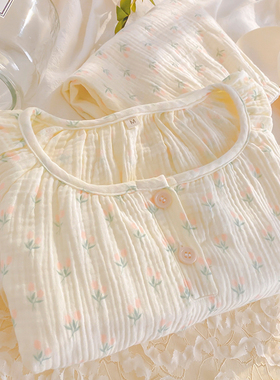 带胸垫A类纯棉睡衣女款夏季全棉短袖长裤棉纱布家居服可外穿套装