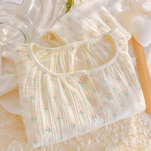 带胸垫短袖睡衣女夏纯棉纱布套装