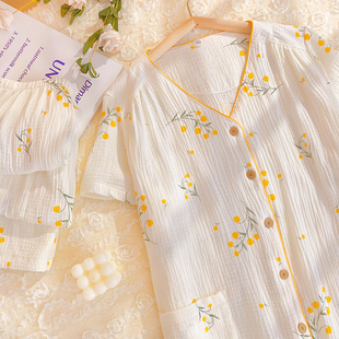 夏季带胸垫睡衣女短袖长裤纯棉纱布家居服宽松薄款棉麻套装防凸点