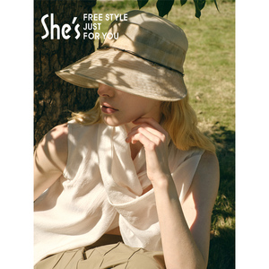 shes茜子卢梭假日优雅刺绣蝴蝶轻薄桑蚕丝宽檐遮阳帽防晒渔夫帽