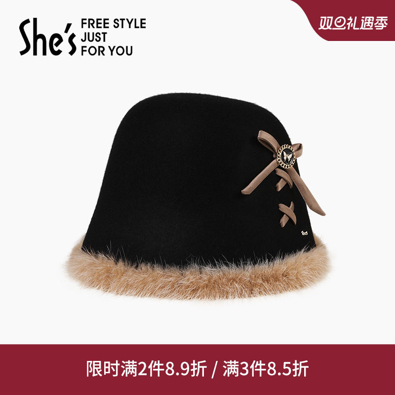惠shes巴比耶原创时尚水貂毛绵羊毛渔夫帽水桶帽秋冬保暖毛呢帽女