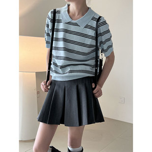 ss746 奈司 韩系翻领针织条纹上衣女秋季 新款 显瘦通勤polo衫