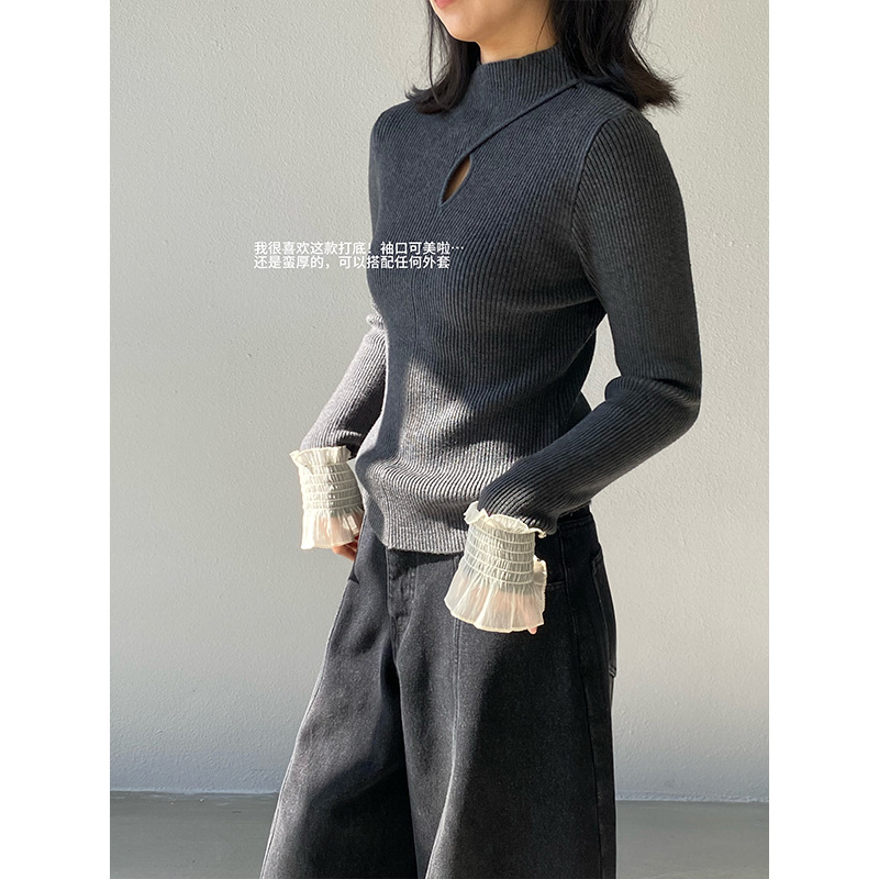 镂空拼蕾丝半高领长袖打底衫女