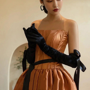 法式 丝绒黑色手套名媛晚宴会礼服新娘拍照结婚纱 复古赫本高端长款