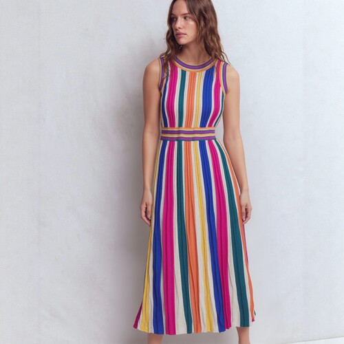 英国BD彩条圆领针织背心连衣长裙