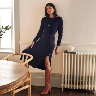 英国轻奢BD舒适viscose羊毛棉羊绒面料 圆领落肩长袖针织连衣长裙