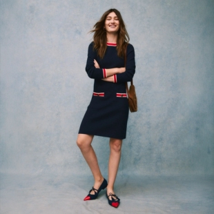 撞色边圆领长袖 外贸原单 厚纯棉 小香风 针织连衣裙女 英国轻奢BD