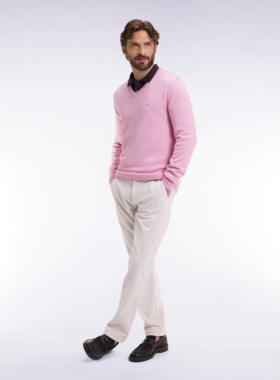 145欧元法国轻奢粉色蝴蝶结 基础款 加厚纯棉V领长袖套头针织衫男