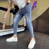 常年做九分牛仔裤男修身弹力复古破洞韩版休闲小脚裤子909P65，男装牛仔裤，星座1102