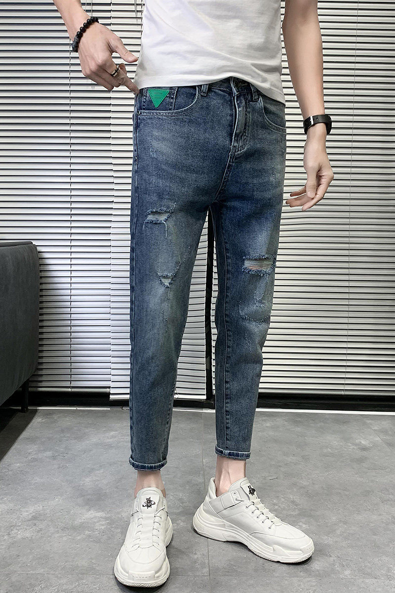 九分裤男士2025春夏季新款ins个性潮牌修身小脚破洞牛仔裤909P65,男装牛仔裤,星座1102