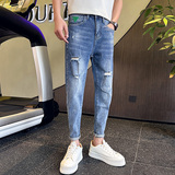 常年做九分牛仔裤男修身弹力复古破洞韩版休闲小脚裤子909P65，男装牛仔裤，星座1102
