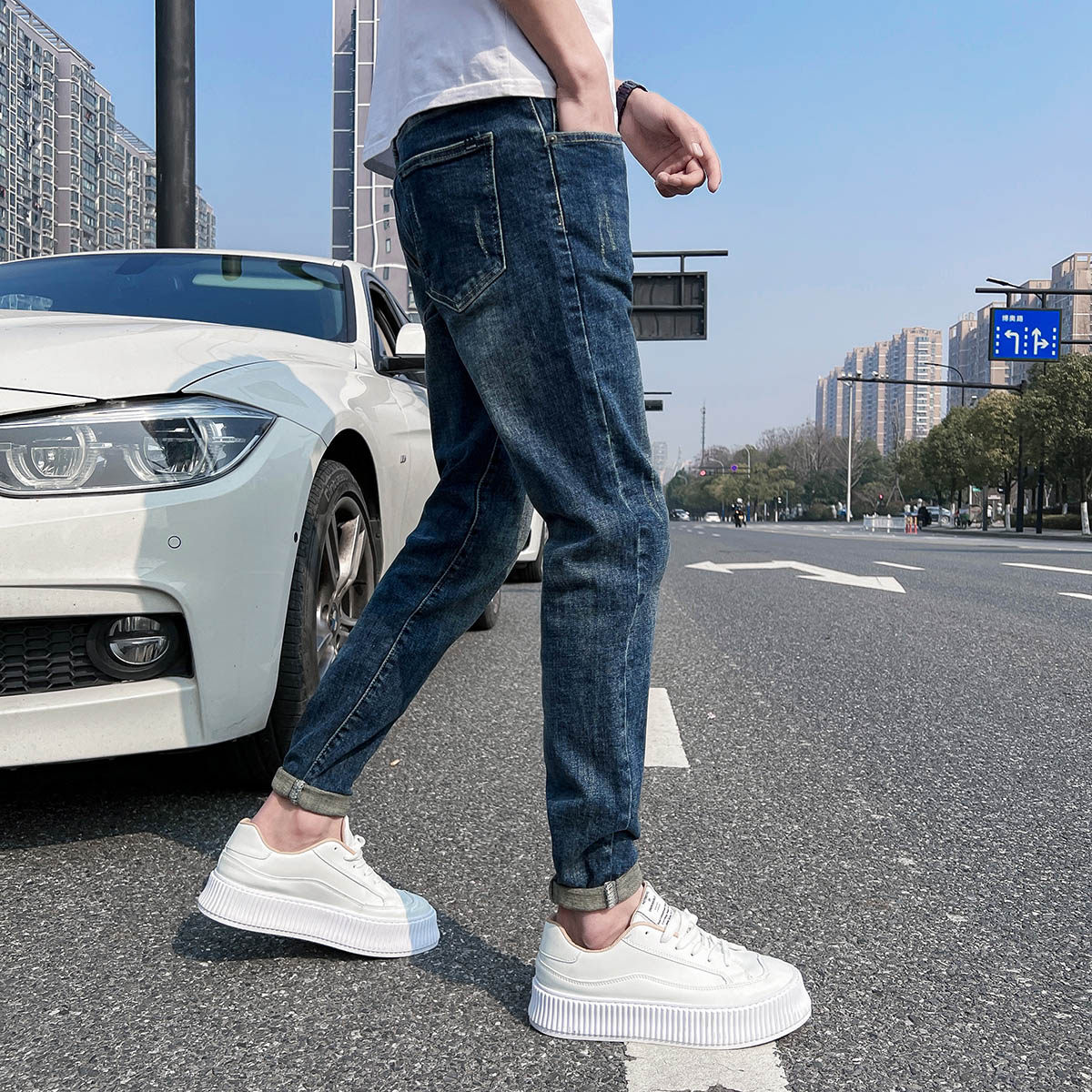 马路街拍牛仔裤男士修身小脚弹力简约百搭潮牌显瘦休闲裤135P55,男装牛仔裤,星座1102