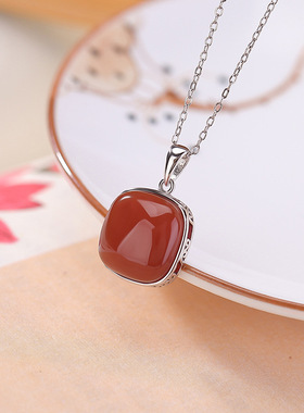 925纯银天然红玛瑙复古几何简约方形方糖项链百搭气质高级礼物
