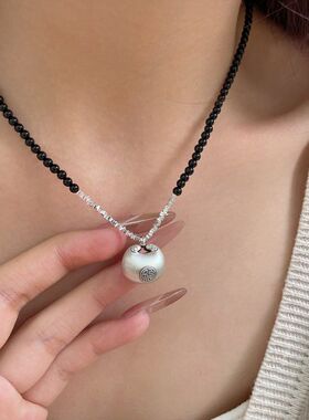 925纯银碎银平安锁福字黑玛瑙项链国潮做旧祥云男女颈链新款潮