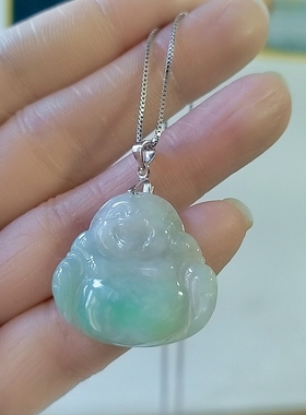 925纯银天然翡翠玉A货淡绿小佛公项链正品老料缅甸玉高级礼物