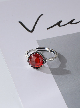 925纯银红宝石戒指女石榴石竹节复古泰银节节高可调节民族风指环