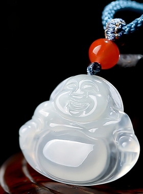 纯天然翡翠玉A货佛公项链正品白色冰透玉石笑佛弥勒佛玉佩女礼物