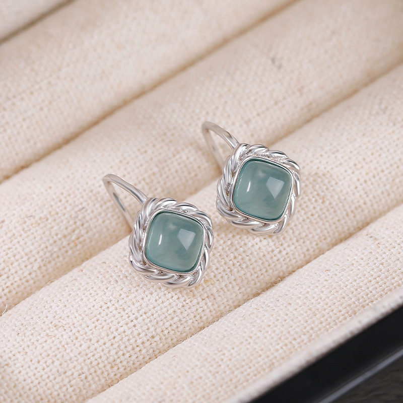 925纯银天然翡翠玉A货蓝水方形耳环菱形几何耳饰耳钉玉石新款礼物