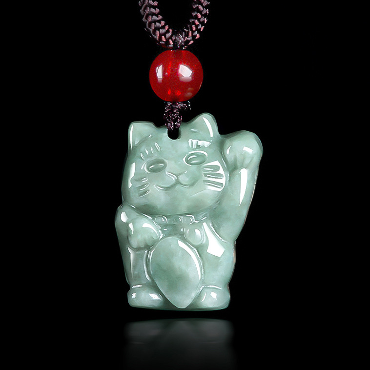 纯天然翡翠玉A货豆绿招财猫蓝水卡通猫项链玉石男女款挂件可爱