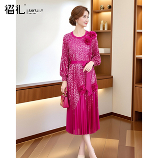 高端红色连衣裙新款2026女春装气质优雅中长裙减龄妈妈婚宴装裙子