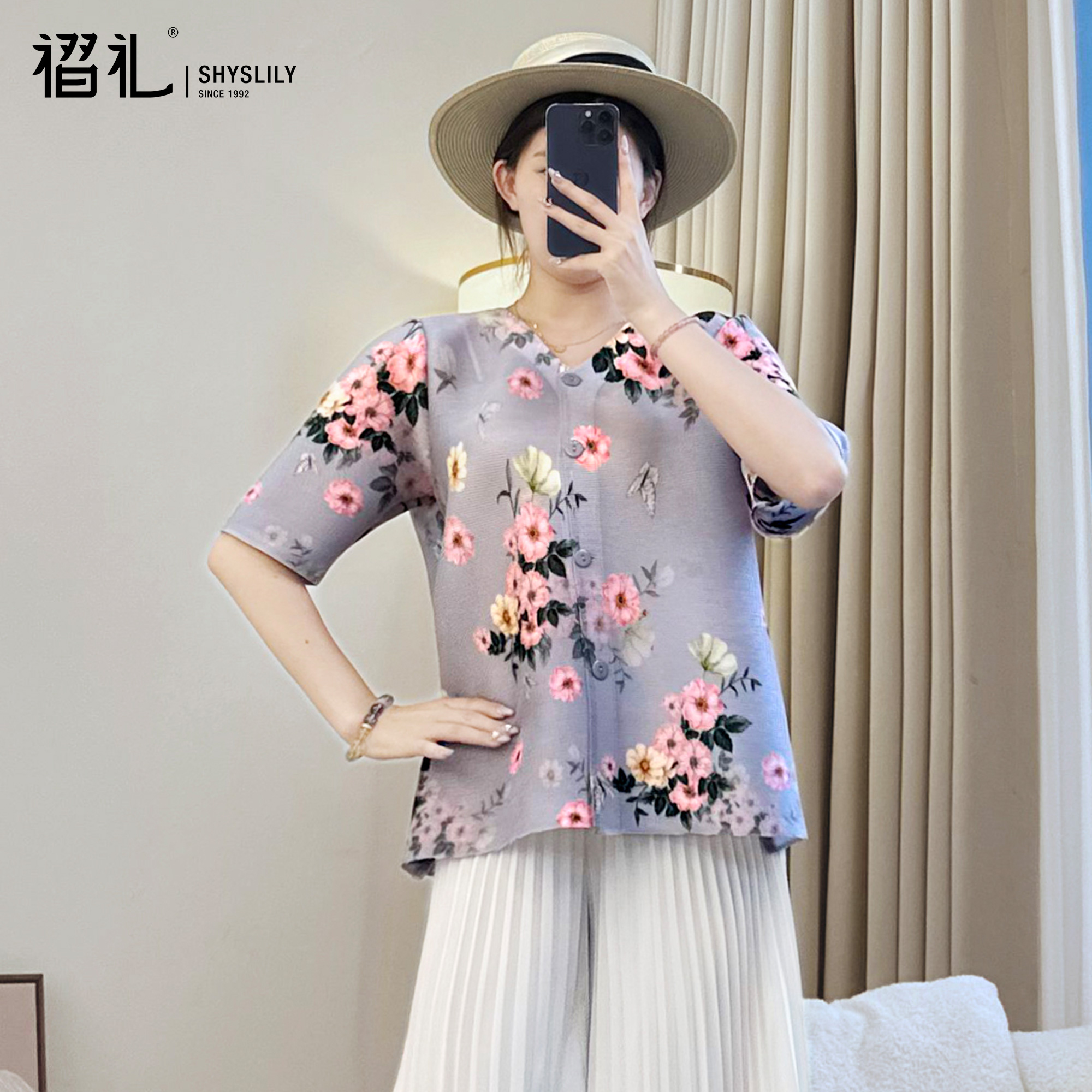 新中式褶皱印花上衣女妈妈衬衫夏