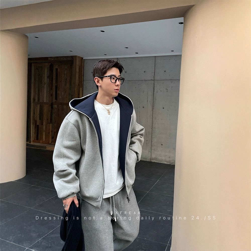 韩版廓形夹克男秋冬季帅气穿搭oversize青春时尚宽松卫衣连帽外套