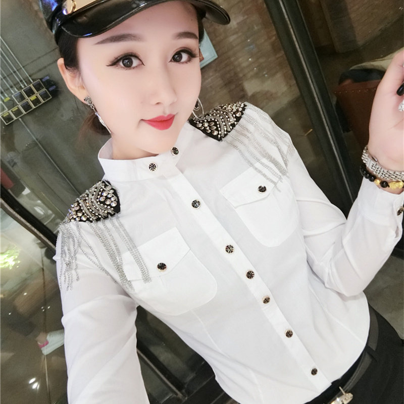姿辛衬衫女长袖秋冬新款韩版重工肩章流苏气质显瘦立领衬衣百搭潮