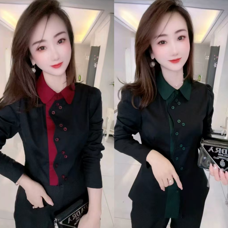 欧货时尚拼接撞色气质衬衫女士秋季新款娃娃领拼色设计个性衬衣潮