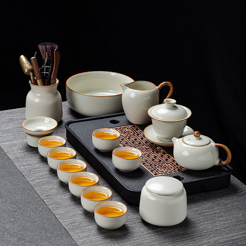 米黄汝窑功夫茶具套装家用会客陶瓷泡茶壶茶杯茶盘整套办公室喝茶
