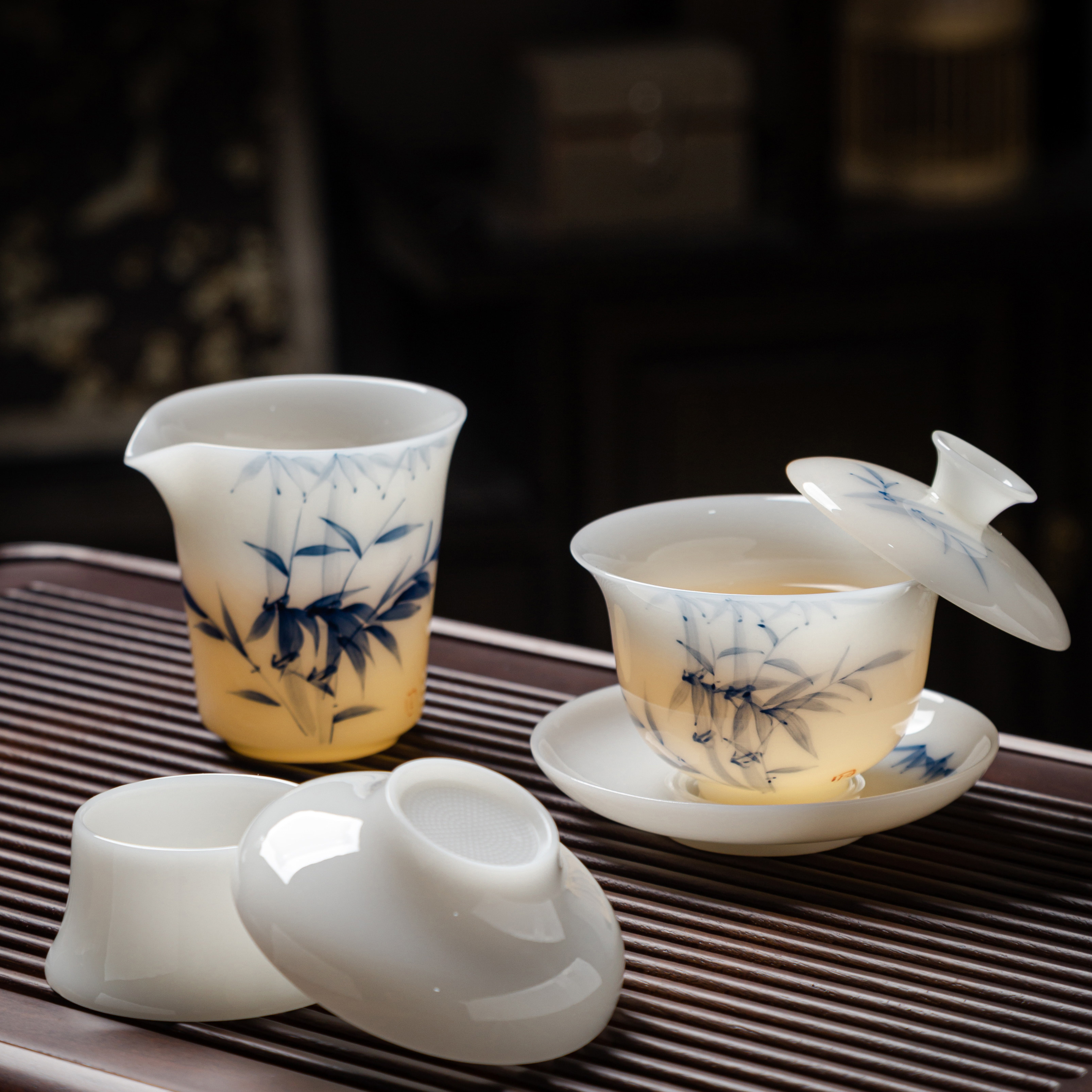 冰种玉瓷璞玉釉下彩手工高端白瓷三才盖碗茶杯带盖单个高档三件套
