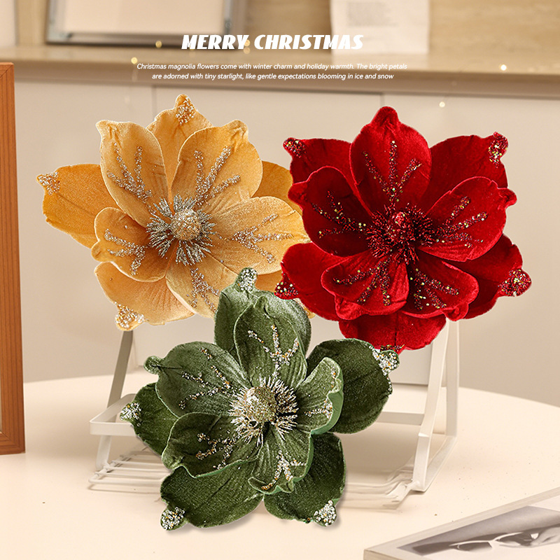 圣诞节装饰品圣诞花装饰金粉绒布带钻仿真花圣诞树挂件仿真花装饰