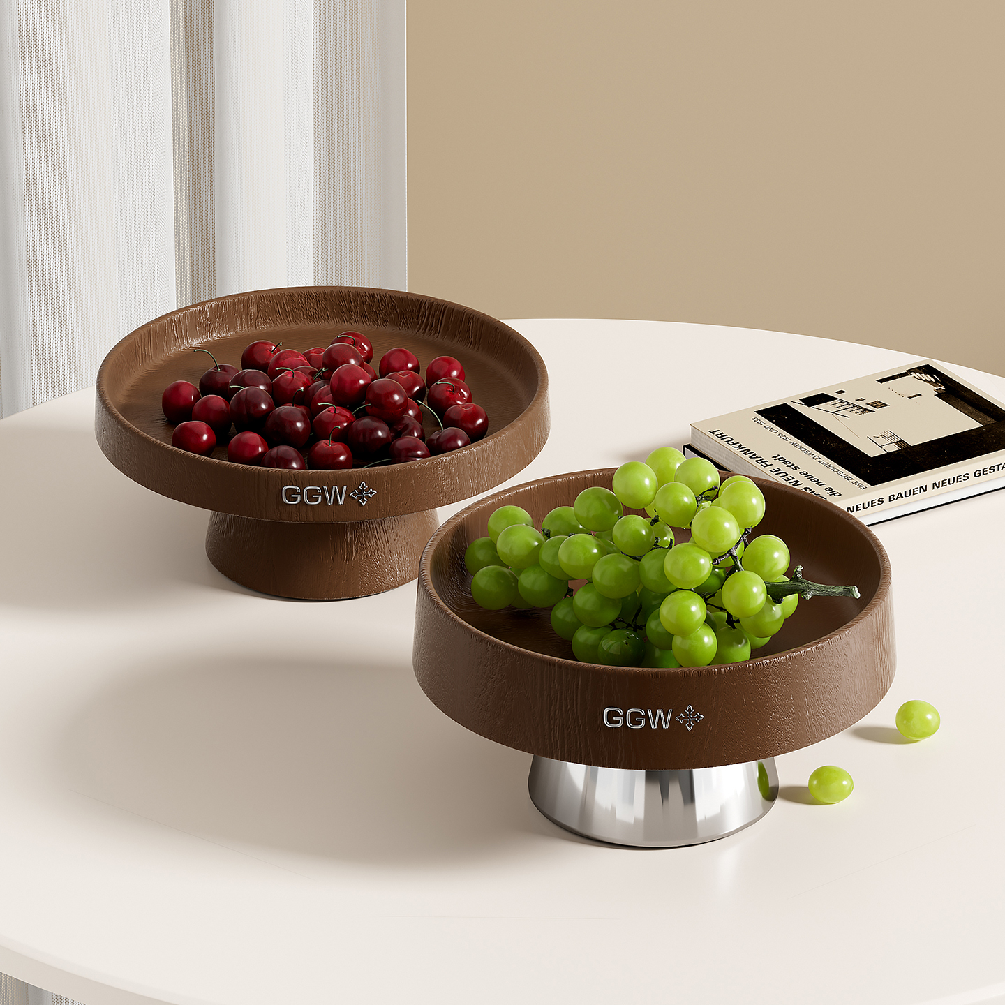 原木风圆形水果盘高脚托盘